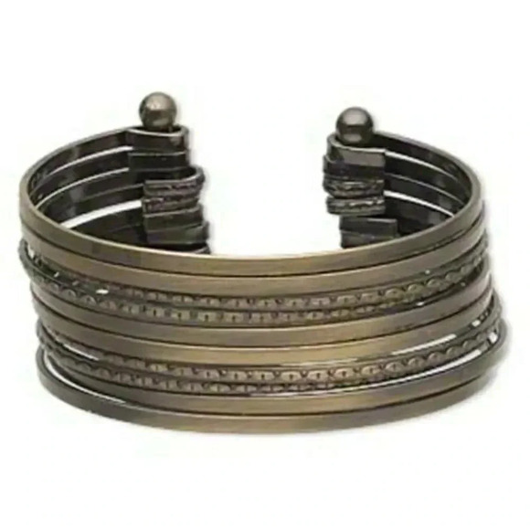 Antiqued Brass Steampunk Grunge 10-Row Smooth and Oval Design Cuff Bracelet - Picture 1 of 1